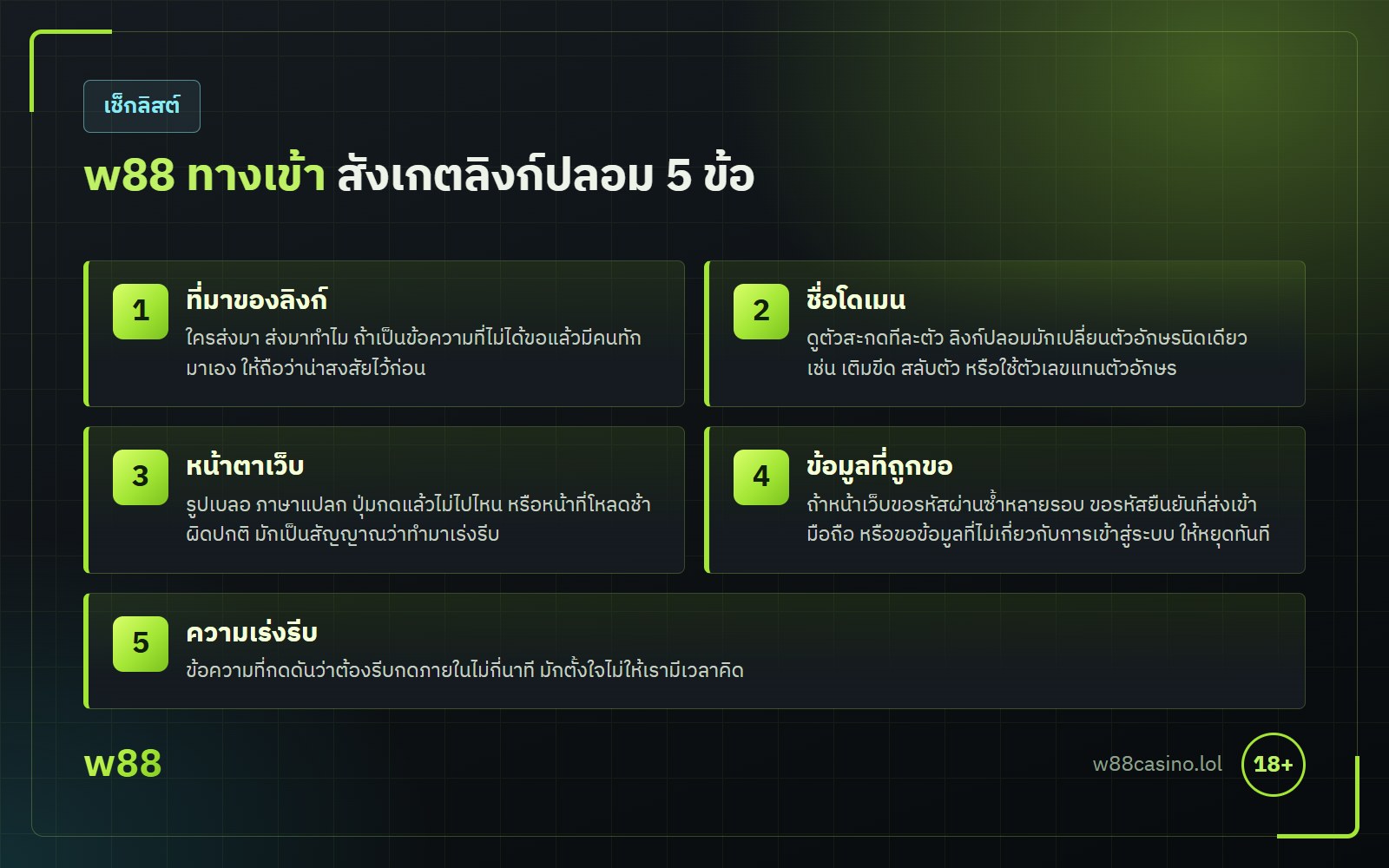 w88 ทางเข้า เช็กลิสต์สังเกตลิงก์ปลอม 5 ข้อ ที่มาของลิงก์ ชื่อโดเมน หน้าตาเว็บ การขอข้อมูล และความเร่งรีบ