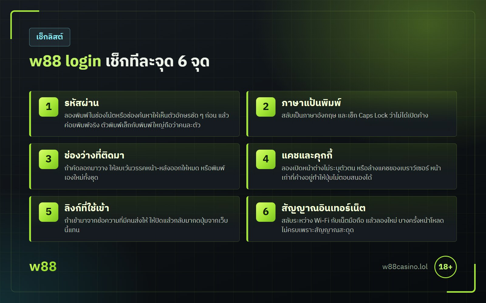 w88 login เข้าไม่ได้ เช็กลิสต์ 6 จุด รหัสผ่าน ภาษาแป้นพิมพ์ แคช ลิงก์ปลอม และอินเทอร์เน็ต